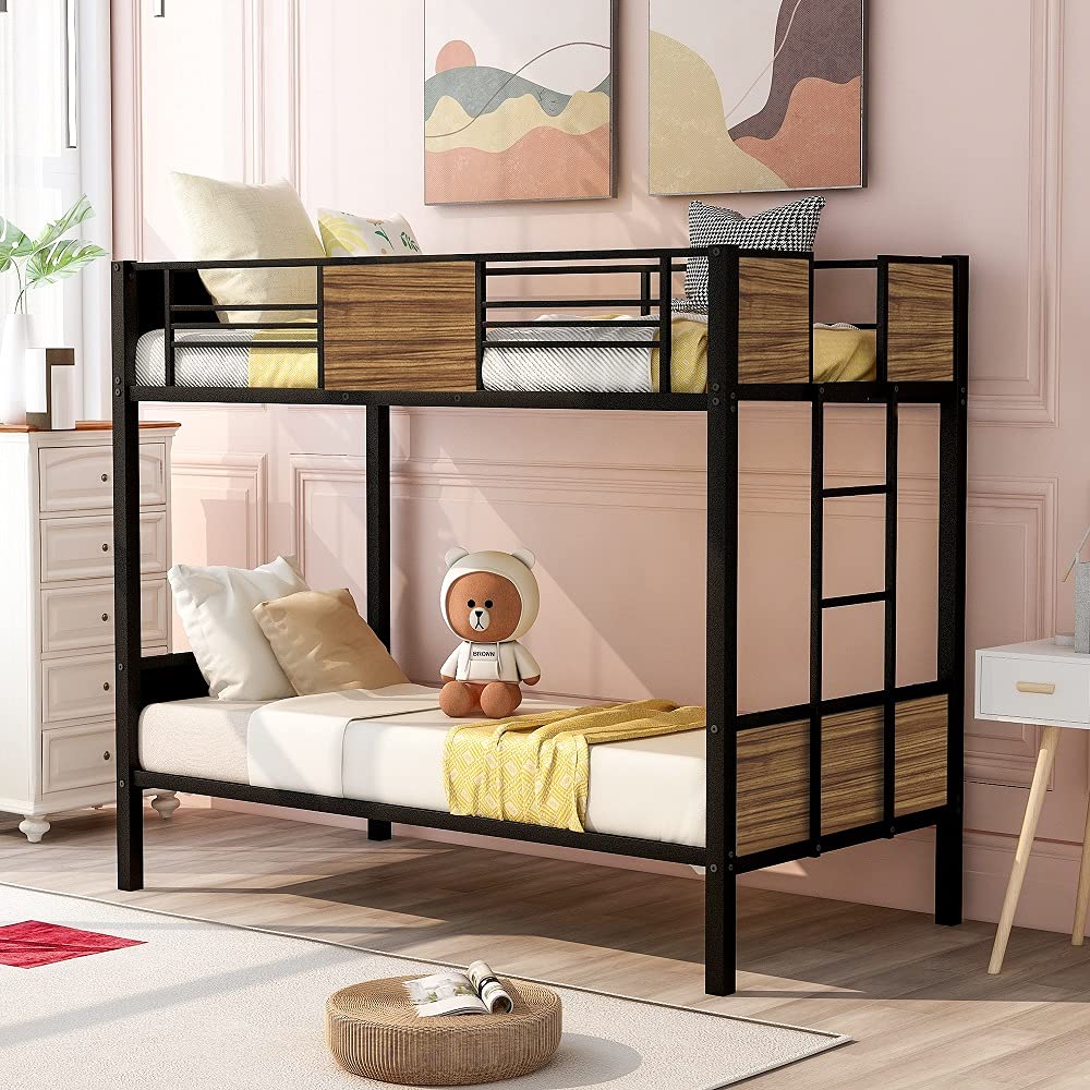 Modern Twin-Over-Twin Bunk Bed with Safety Rail & Built-in Ladder - Sturdy Steel Frame for Kids & Teens (Brown, 78