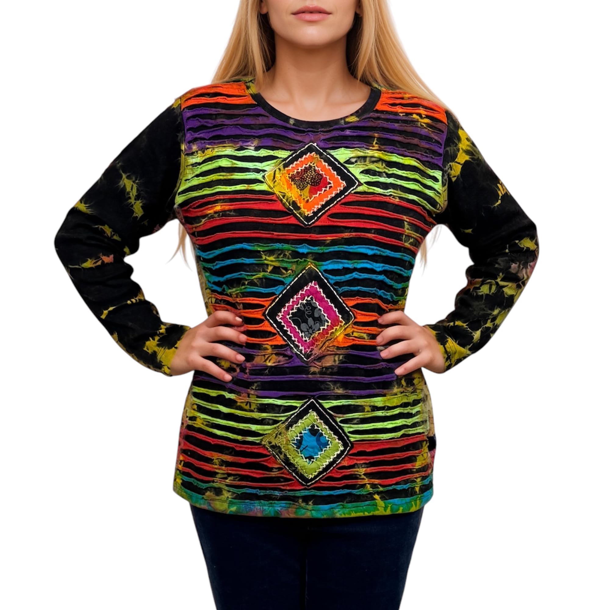 Agan Traders 2025 Spring Women's Bohemian Tie-Dye Knit Jersey Patch Razor Cut Embroidered Long Sleeve Sweatshirt Top Blouse - Casual Chic Outfit for Music Festivals, Beach Days & Boho Style