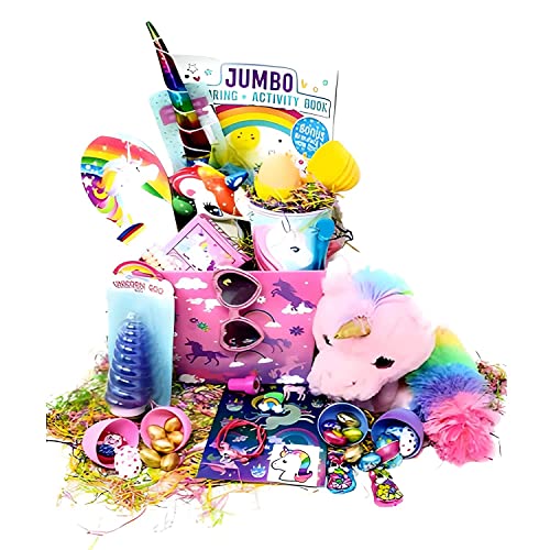 JGT Ja'Cor Easter Unicorn-Themed DIY Gift Basket Set – Extra Large Bucket, Plush Unicorn (Style May Vary), Assorted Toys, Games & Candy – Perfect Easter Gift for Girls, Kids & Toddlers | Birthday Parties, Easter Celebrations & Surprise Gifts