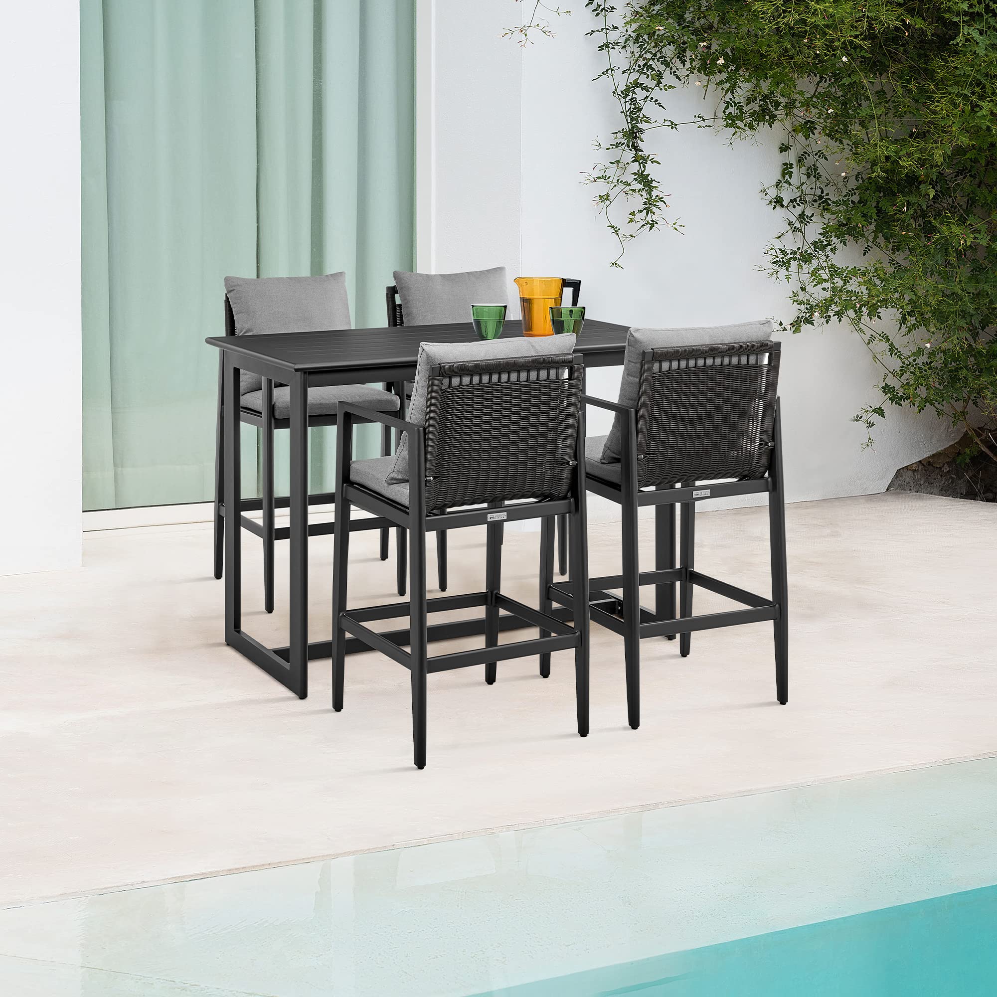 Armen Living Cayman Outdoor Patio Bar Stool - Aluminum Frame with Comfortable Grey Cushions - Perfect for Poolside, Backyard, and Patio Dining