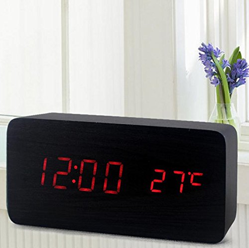 Digital LED Alarm Clock with Thermometer - Wooden Rectangle Design, Voice & Touch Control, USB/AAA Battery Powered | Perfect for Bedroom, Office, Nightstand, and Travel Use