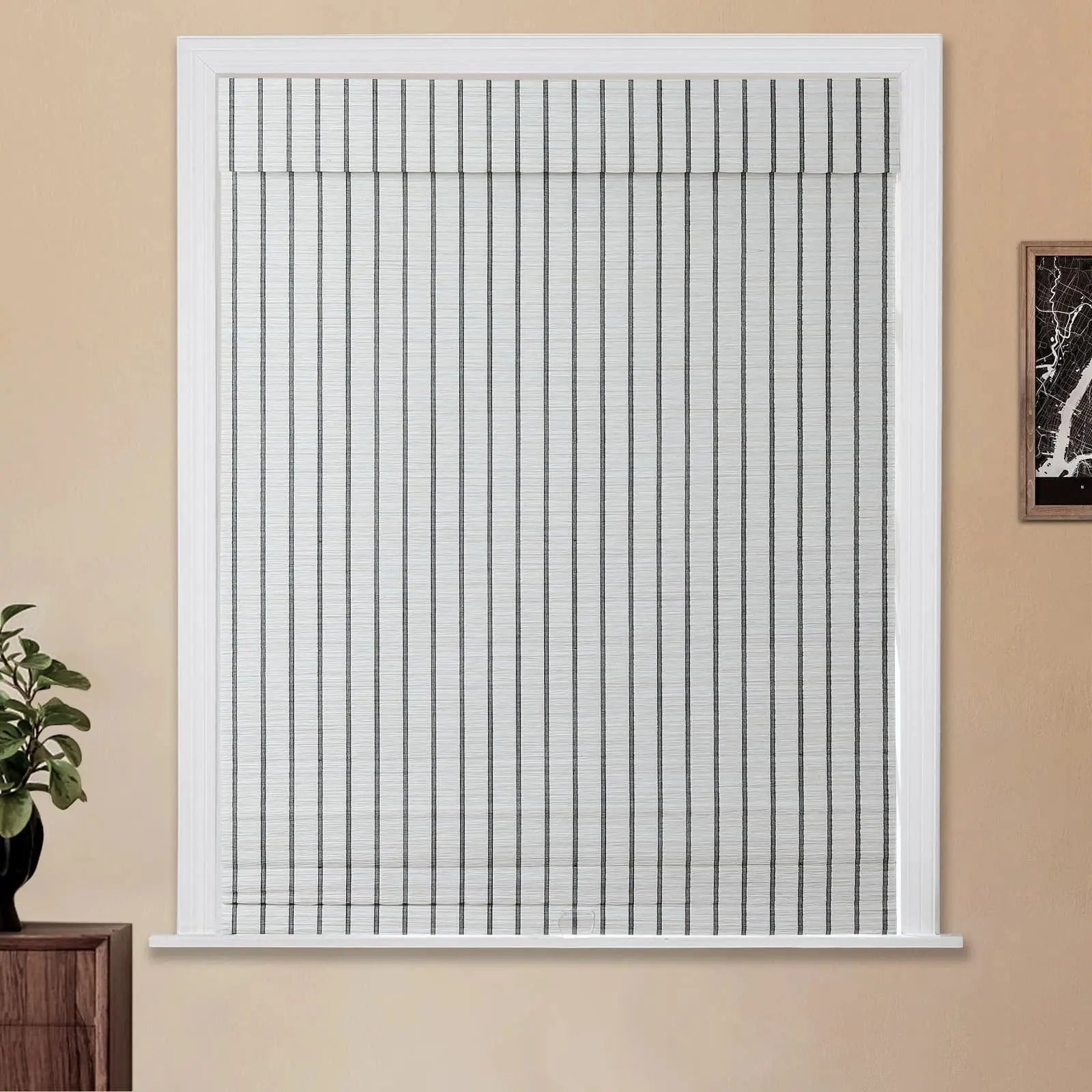 Natural Bamboo Woven Window Shade - Blue & White Handmade Eco-Friendly Roller Blind for Living Room, Bedroom & Office Decor