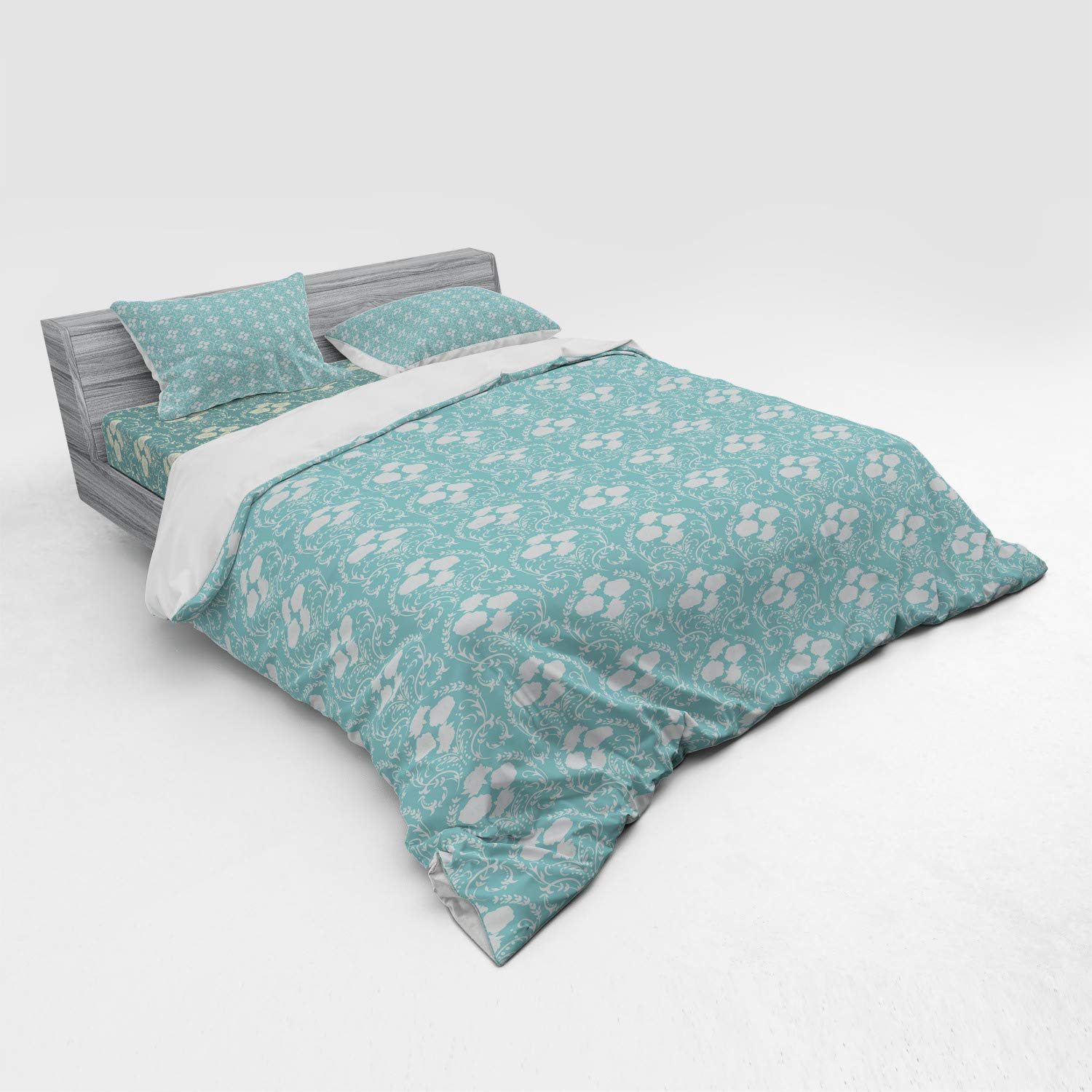 Ambesonne Rose Bedding Set - King Size 4 Piece Duvet Cover with Shams & Fitted Sheet, Floral Leaf Wreath & Rose Petals Pattern in Off White & Pale Teal | Soft Luxury Bedroom Decor for Master Bedroom, Guest Room & Cozy Home
