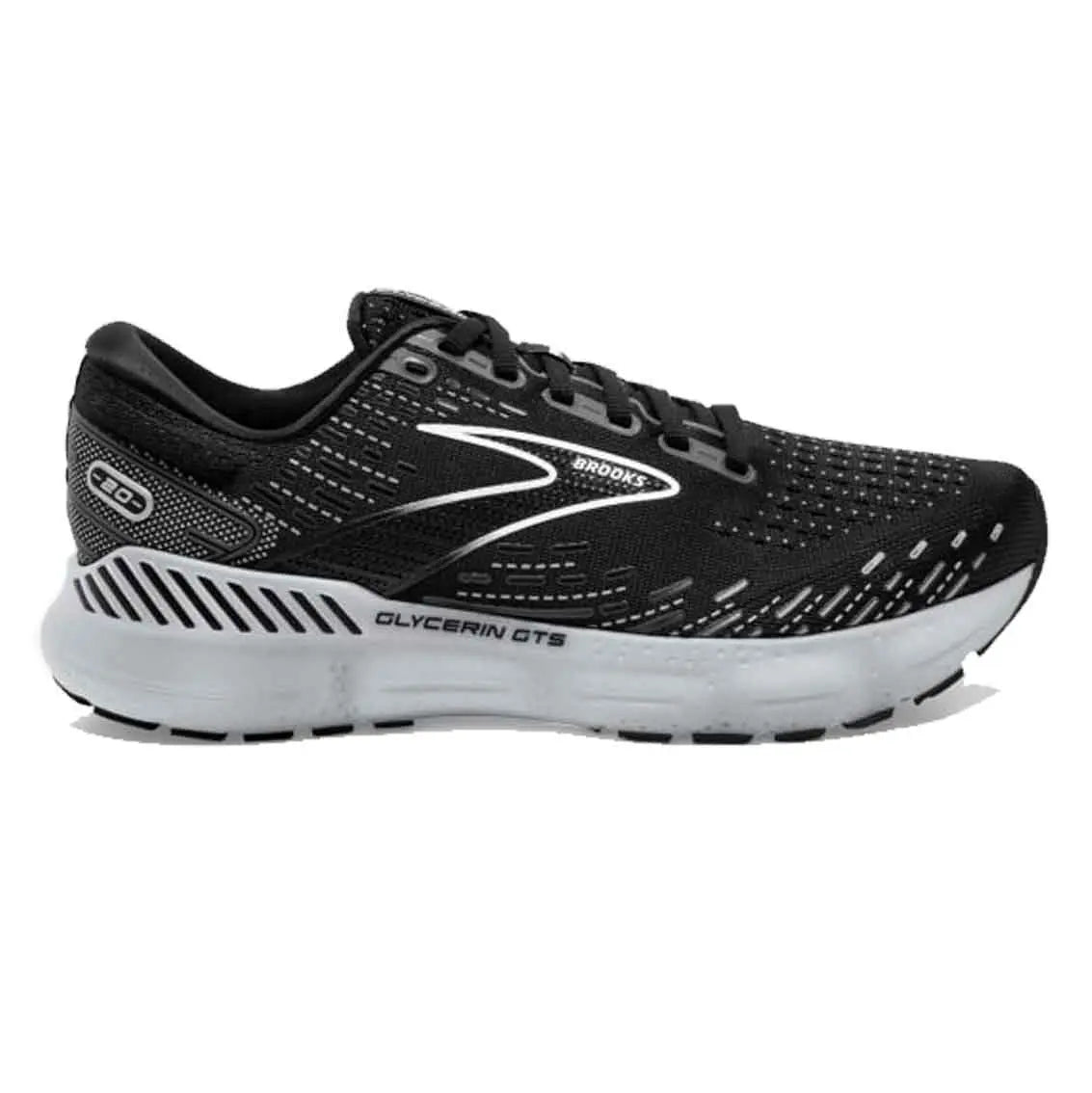 Women's Brooks Glycerin GTS 20 Running Shoes - Wide Width in Black/White | Premium Cushioned Support for Road Running, Jogging & Gym Workouts