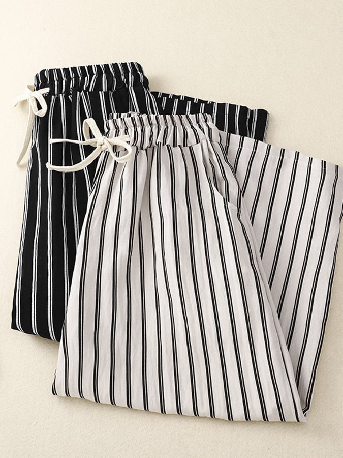 Lovevop Women's Cotton Striped Elastic Waist Wide Leg Pants - Comfortable Casual Lounge Pants for Home, Office & Travel