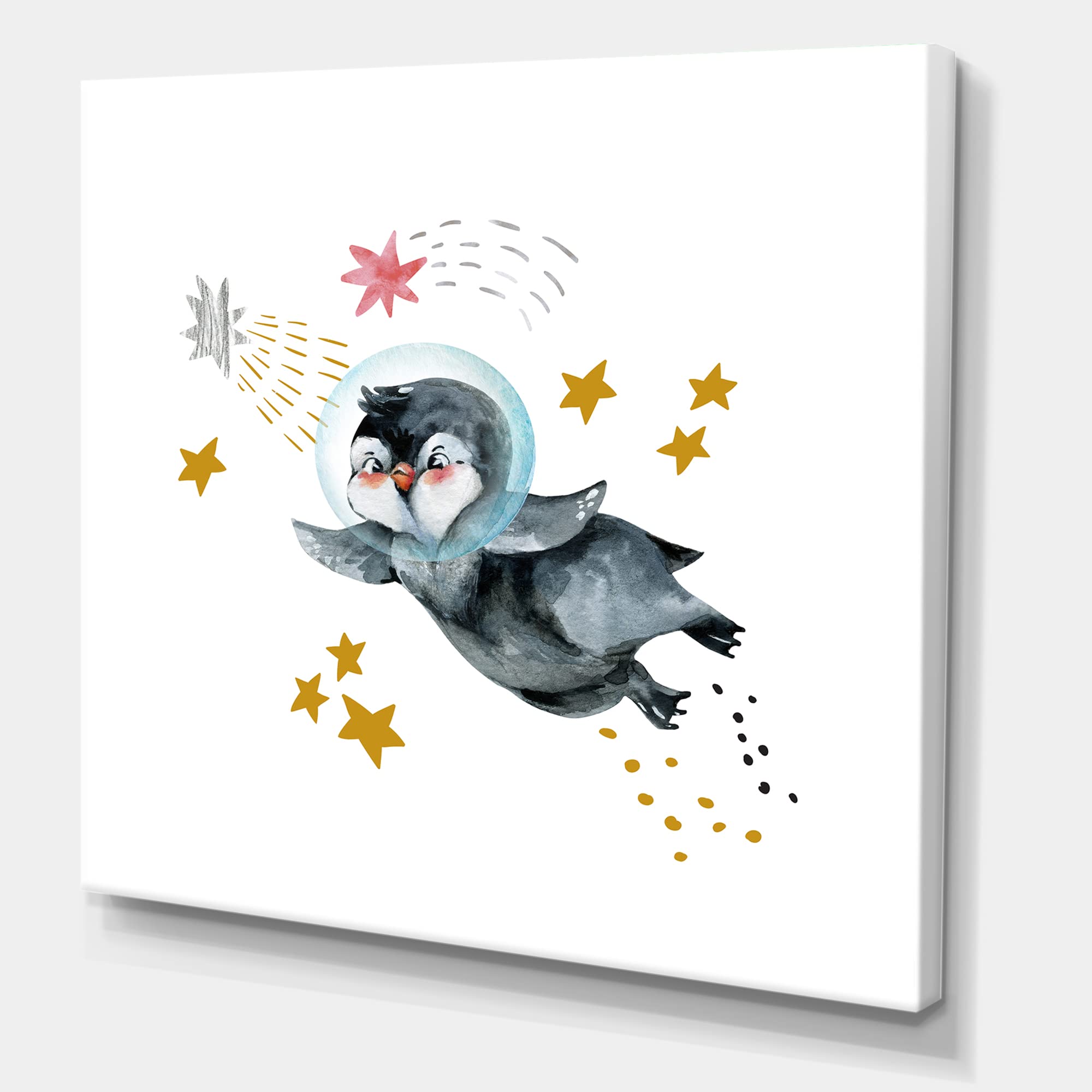 DesignQ Little Penguin Flying Stars and Planets Farmhouse Canvas Wall Art - Nursery Decor, Kids Room Wall Hanging, Living Room Decoration