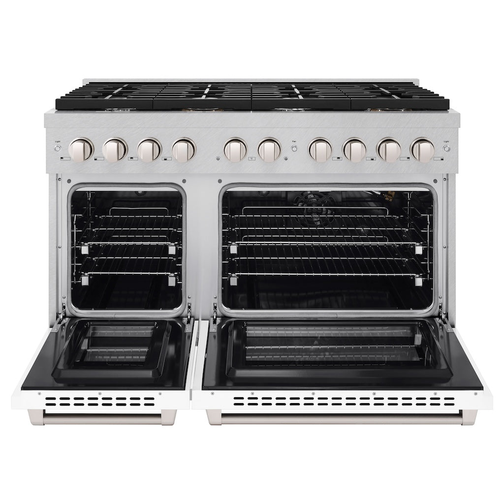 ZLINE 48-Inch 6.7 cu. ft. Double Oven Gas Range with 8-Burner Cooktop - Satin Stainless Steel & White Matte Doors (SGRS-WM-48) | Professional Kitchen Appliance for Home Chefs & Baking Enthusiasts