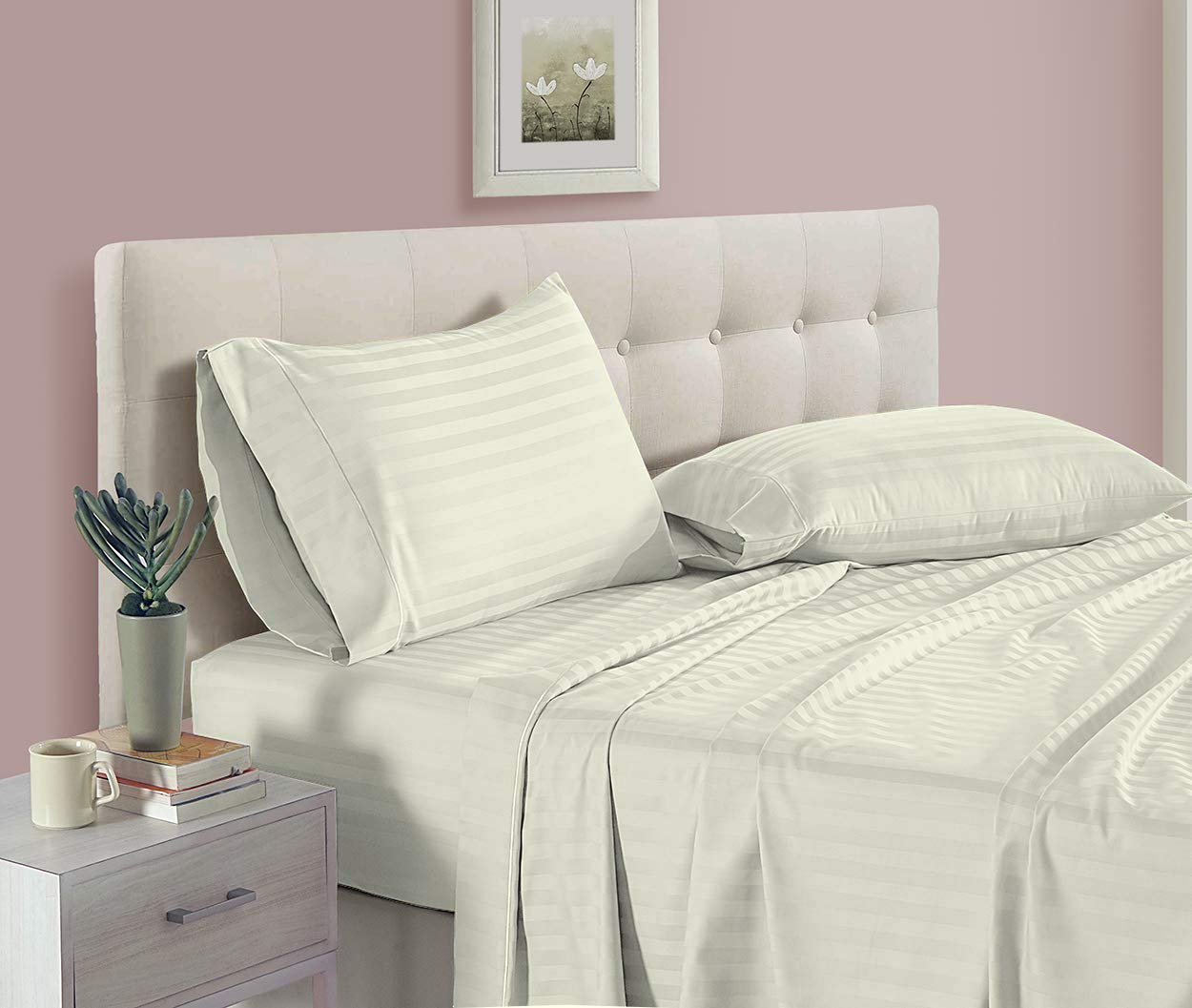 Premium 4-Piece Extra Long Twin XL Sheets Set - 100% Egyptian Cotton, Ivory Stripe - Perfect for Dorm Rooms & College Bedding - 9
