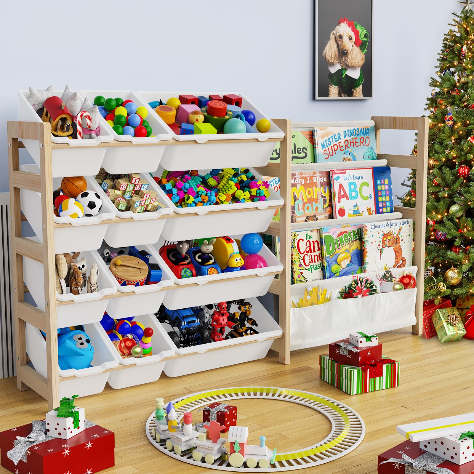 12-Bin Large Toy Storage Organizer with 4-Tier Bookshelf - Kids Room, Playroom & Nursery Organization - Perfect for Storing Toys, Books & Learning Materials