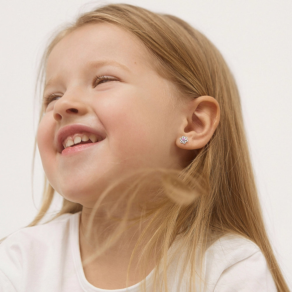 CZ Flower Baby Earrings for Girls - Spring Floral Stud Earrings for Infants & Toddlers - Perfect for Easter, Birthday & Special Occasions