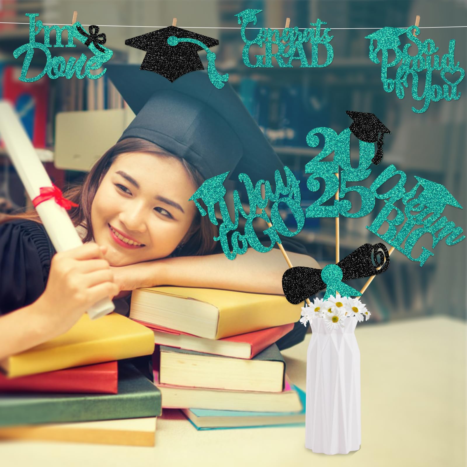 24Pcs Graduation Centerpiece Sticks - Teal Blue 2024 Graduation Party Decorations for Tables, Commencement Ceremony & School Events - Perfect for Graduation Party, Banquet, and Home Decor