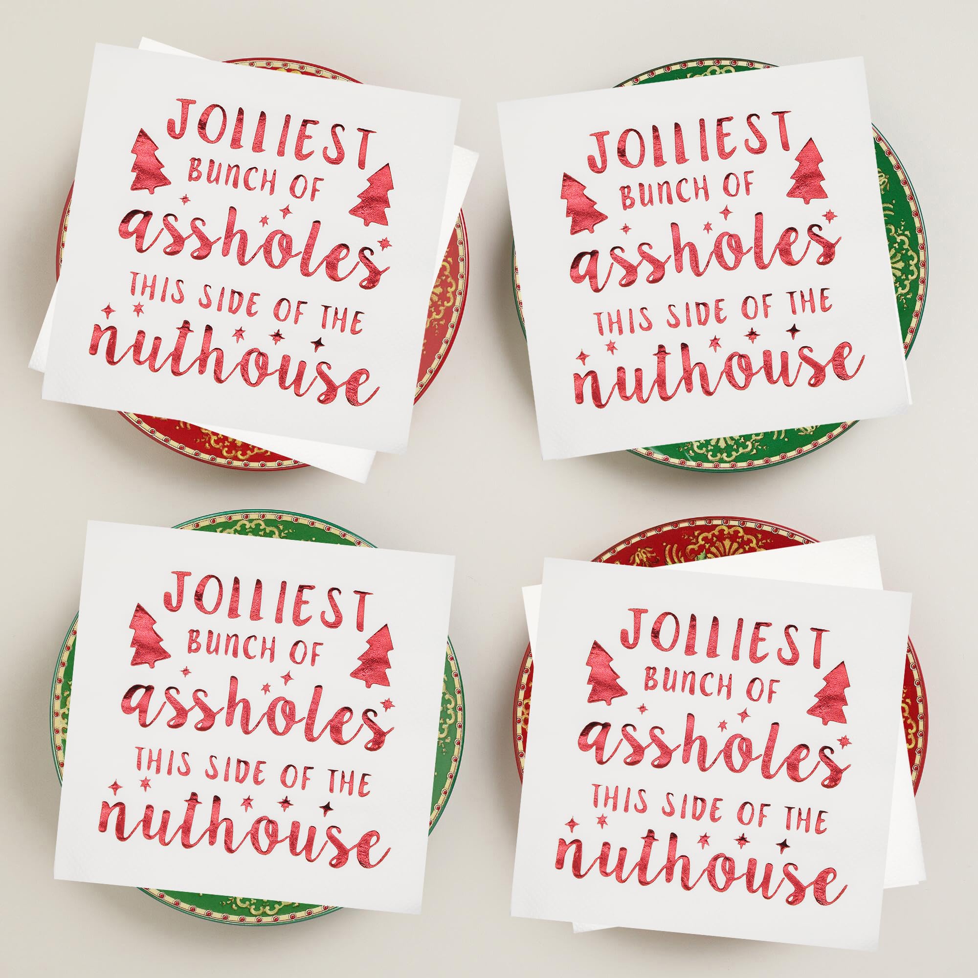Jolliest Bunch of A-Holes Christmas Napkins - 50-Pack Red Foil 5x5 Inch Holiday Party Napkins | National Lampoon's Christmas Vacation Themed Decor | Perfect for Xmas Parties, Family Gatherings & Festive Decorations