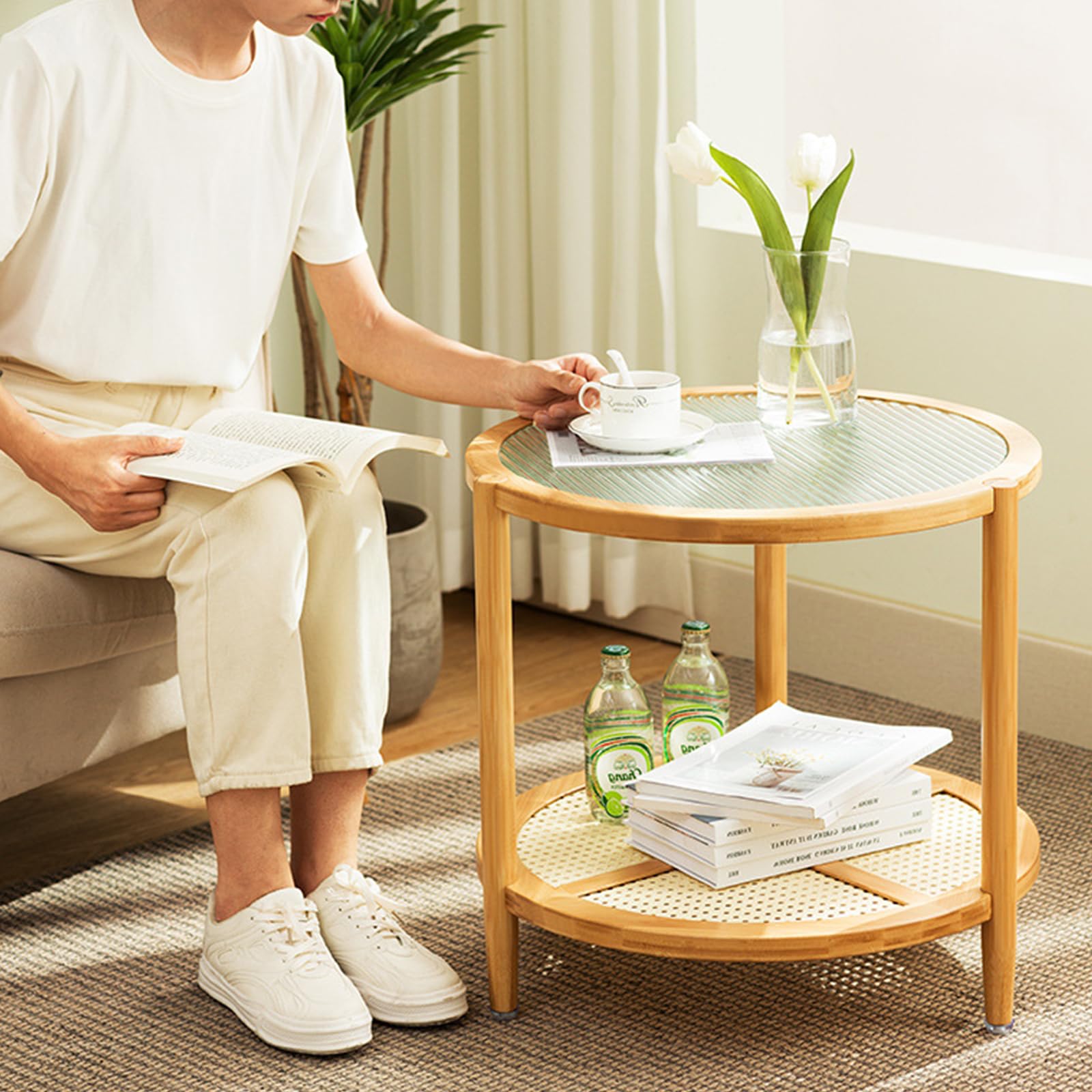2-Tier Bamboo Round Coffee Table with Glass Top - Modern Small Side Table for Living Room, Bedroom, Balcony or Nightstand - Perfect for Coffee, Books & Decor
