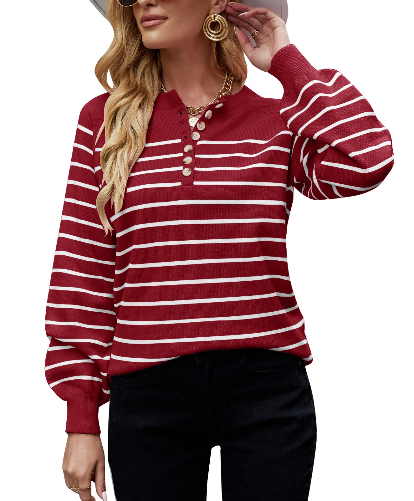 Women's Striped Knit Pullover Sweater - Long Sleeve Crewneck Button Down Casual Jumper Top for Fall & Winter | Office Wear, Date Night, Weekend Outfits