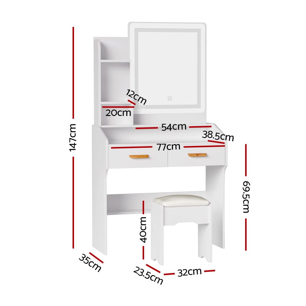 Artiss White Doria Vanity Dressing Table Set with LED Mirror and Stool - Perfect for Bedroom Makeup & Beauty Organization