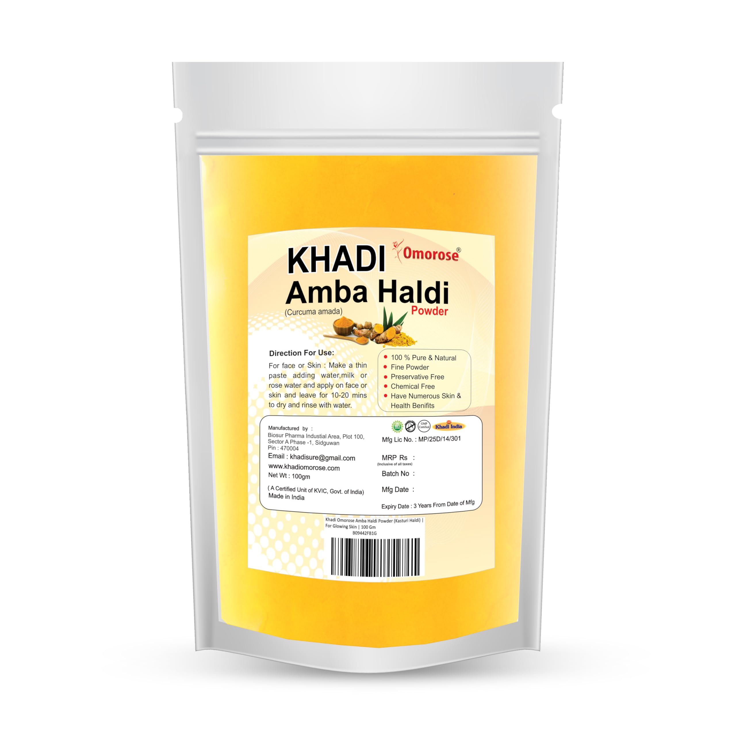 Khadi Omorose Kasturi Haldi (Amba Haldi) Turmeric Powder - 100% Pure & Natural for Glowing Skin & Face Care - 100g | DIY Face Mask, Skin Brightening, Ayurvedic Beauty Treatment