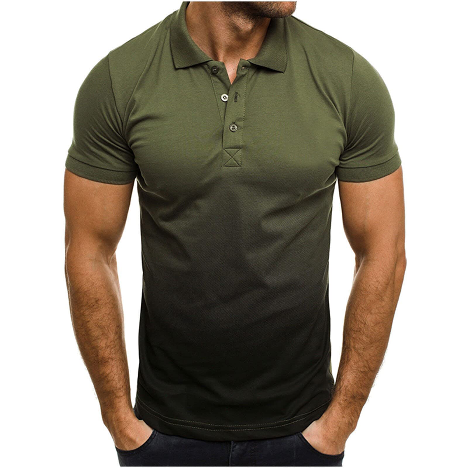 Men's Fashion Gradient Print Short Sleeve Henley T-Shirt - Slim Fit Button Lapel Casual Tee for Daily Wear, Street Style & Summer Outfits