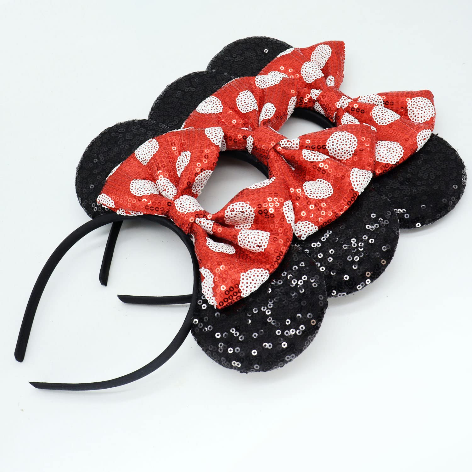 Minnie Mouse Ears Headband with Sequin Bows - 2PCS Hot Pink Disney Inspired Hair Accessories for Women & Girls | Perfect for Halloween Costumes, Theme Parks, Birthday Parties & Disneybounding
