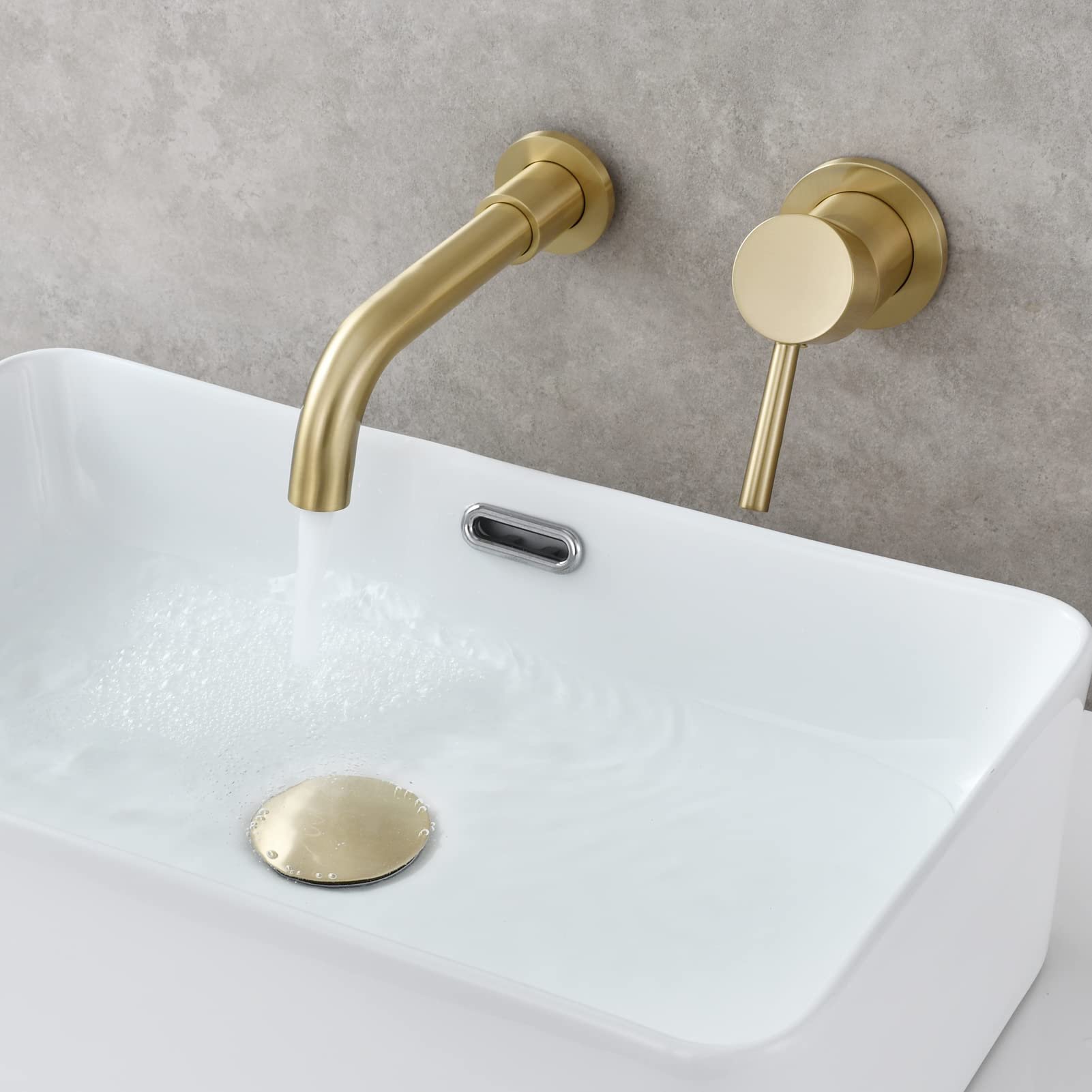 360° Rotating Wall Mount Faucet - Brushed Gold Brass Single Handle Vessel Mixer Tap for Bathroom Sink - Modern Waterfall Spout Design - Perfect for Small Bathrooms, Vanities & Vessel Sinks (Model BJ6083A)
