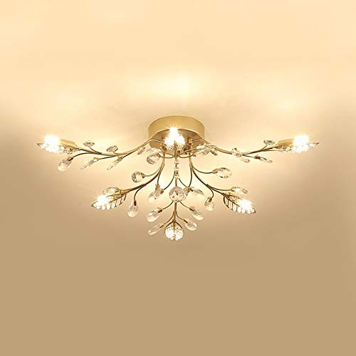 Black & Gold 6-Light Leaf Semi Flush Mount Ceiling Light with Clear Crystal Accents - Modern Contemporary Metal Lighting Fixture for Dining Room, Bedroom or Living Room