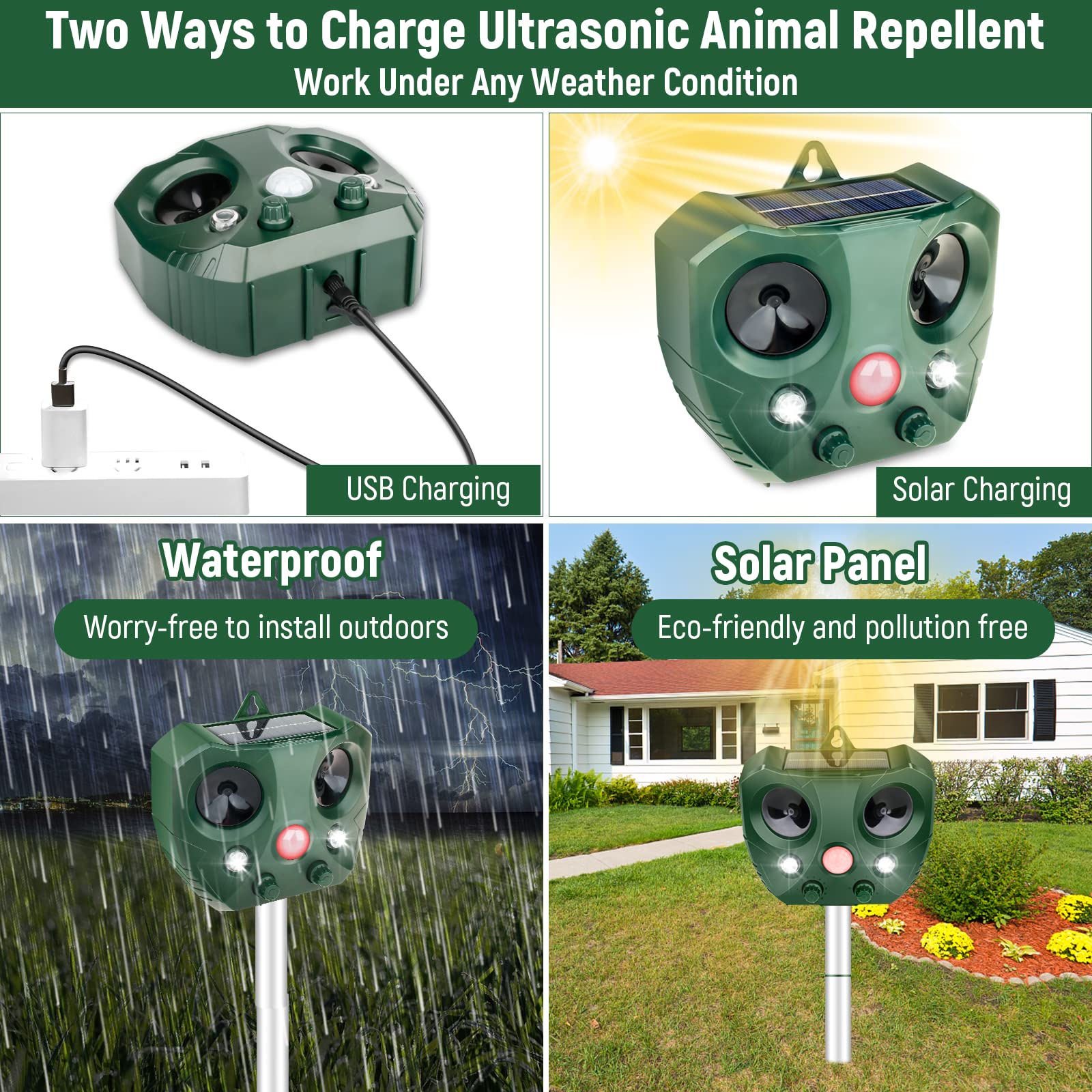 Solar Powered Ultrasonic Animal Repeller Outdoor - Motion Activated Pest Control Device with LED Flashing Lights to Deter Cats, Dogs, Deer, Birds, Squirrels & Raccoons | Ideal for Gardens, Yards, Farms & Patios