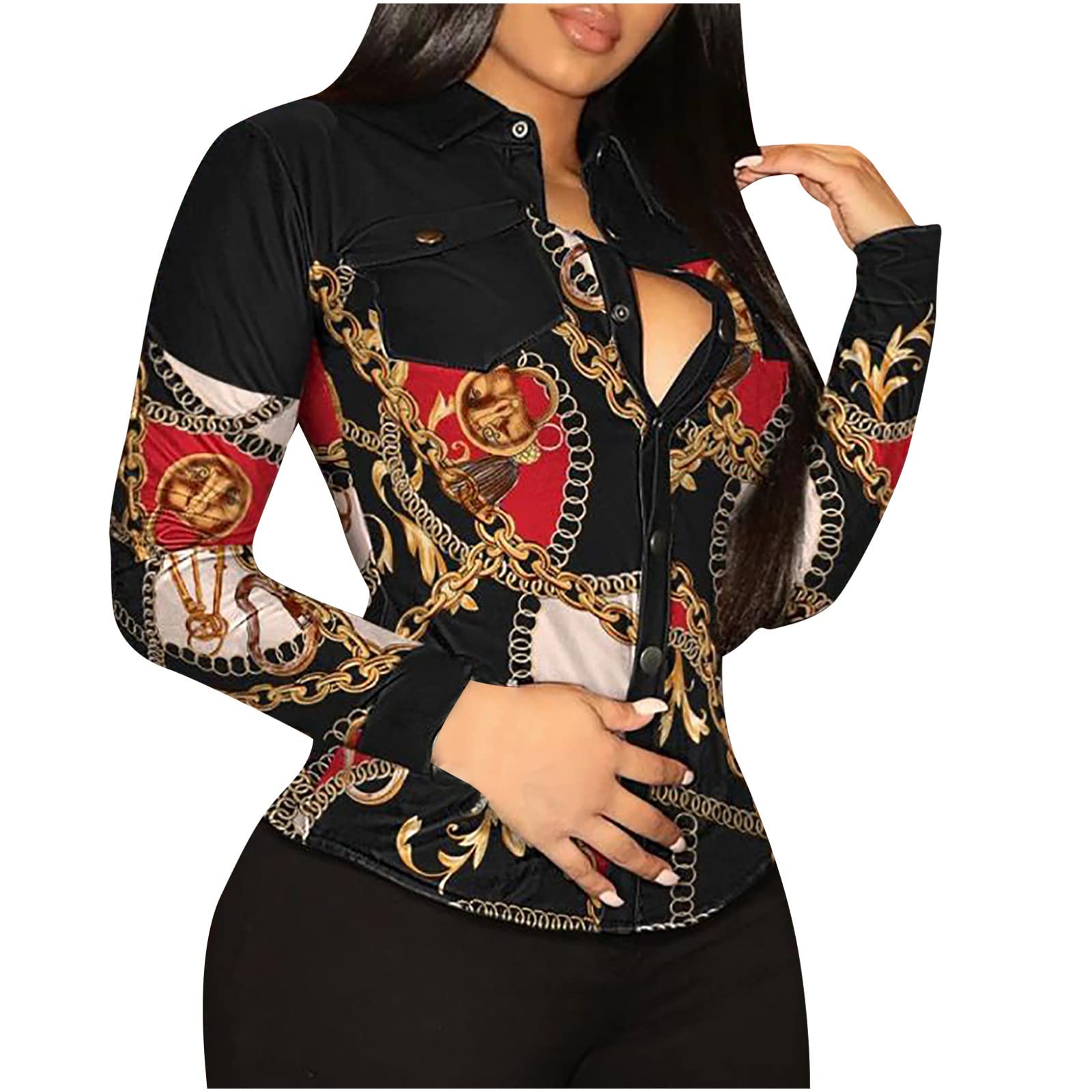 Women's Printed Long Sleeve Lapel Button Pocket Shirt Jacket Cardigan Coat - Spring Fashion Blouse for Casual Outfits, Office Wear & Date Night Looks