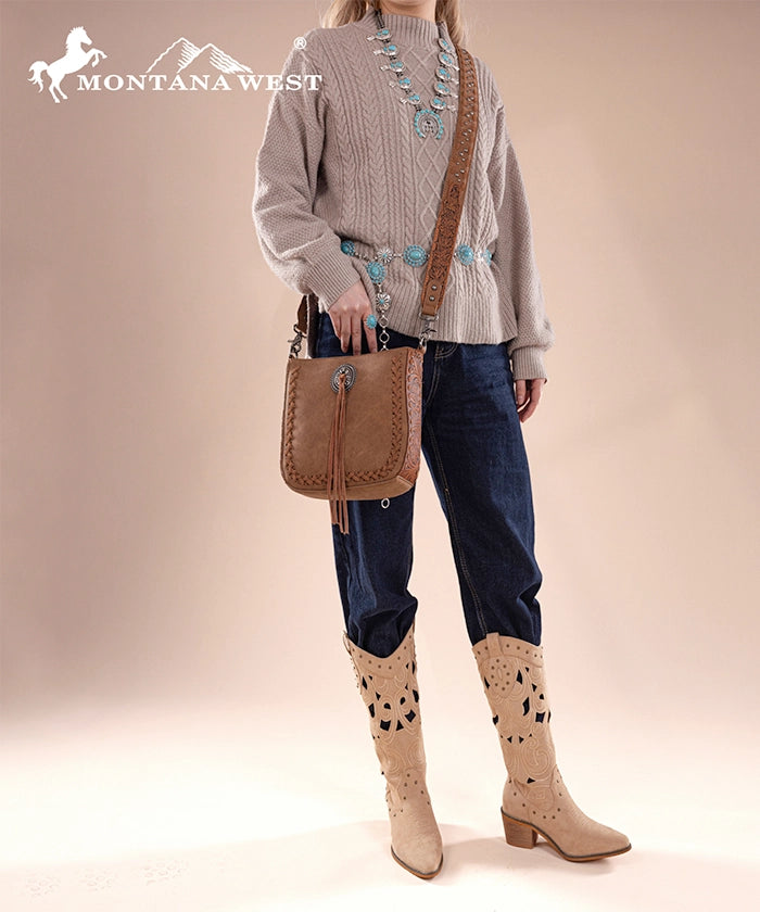 Montana West Genuine Leather Tooled Whipstitch Crossbody Purse for Women - Stylish Handbag for Everyday Use, Travel & Shopping