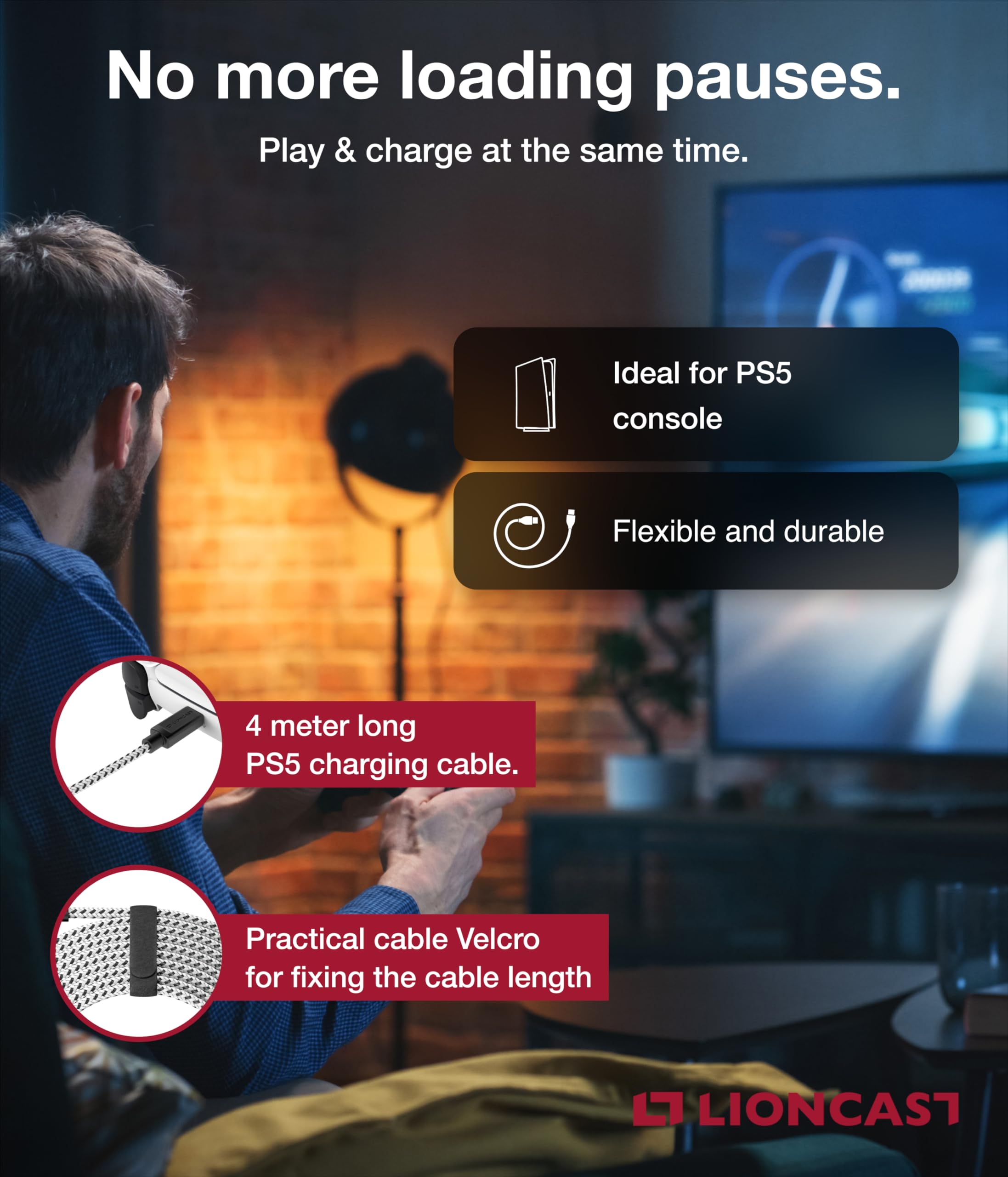 Lioncast® 4m USB-C Charging Cable for PS5 Controller - Fast Charging & High-Speed Data Transfer - Durable 4m Type-C Cable Compatible with Xbox One, iPhone 15 & USB-C Devices - Perfect for Gaming, Travel & Home Charging