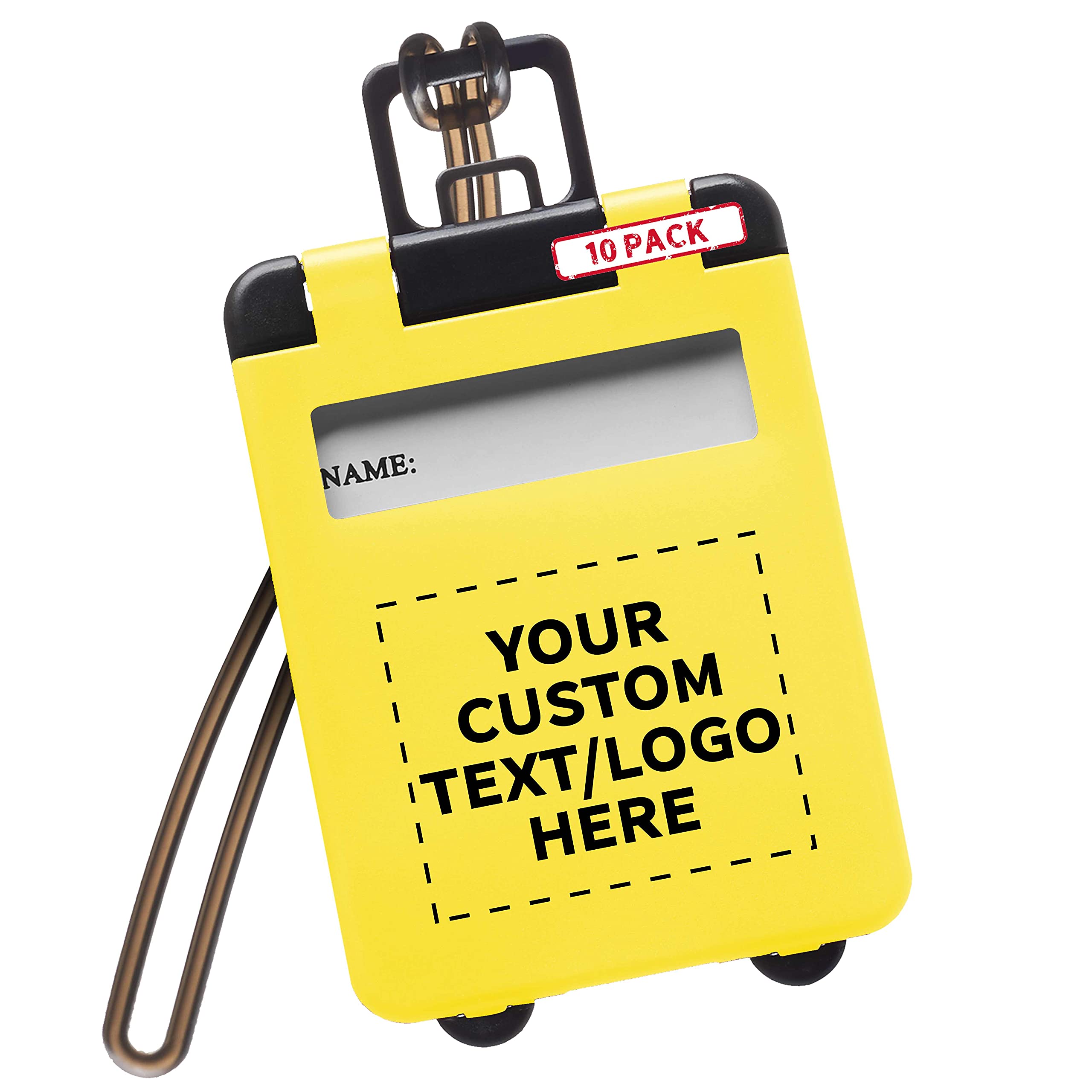 10-Pack Mini Carry-On Luggage Tags with Customizable Text & Logo - Flip Open Cover & ID Sticker - Yellow - Perfect for Travel, Business Trips & Vacation Identification