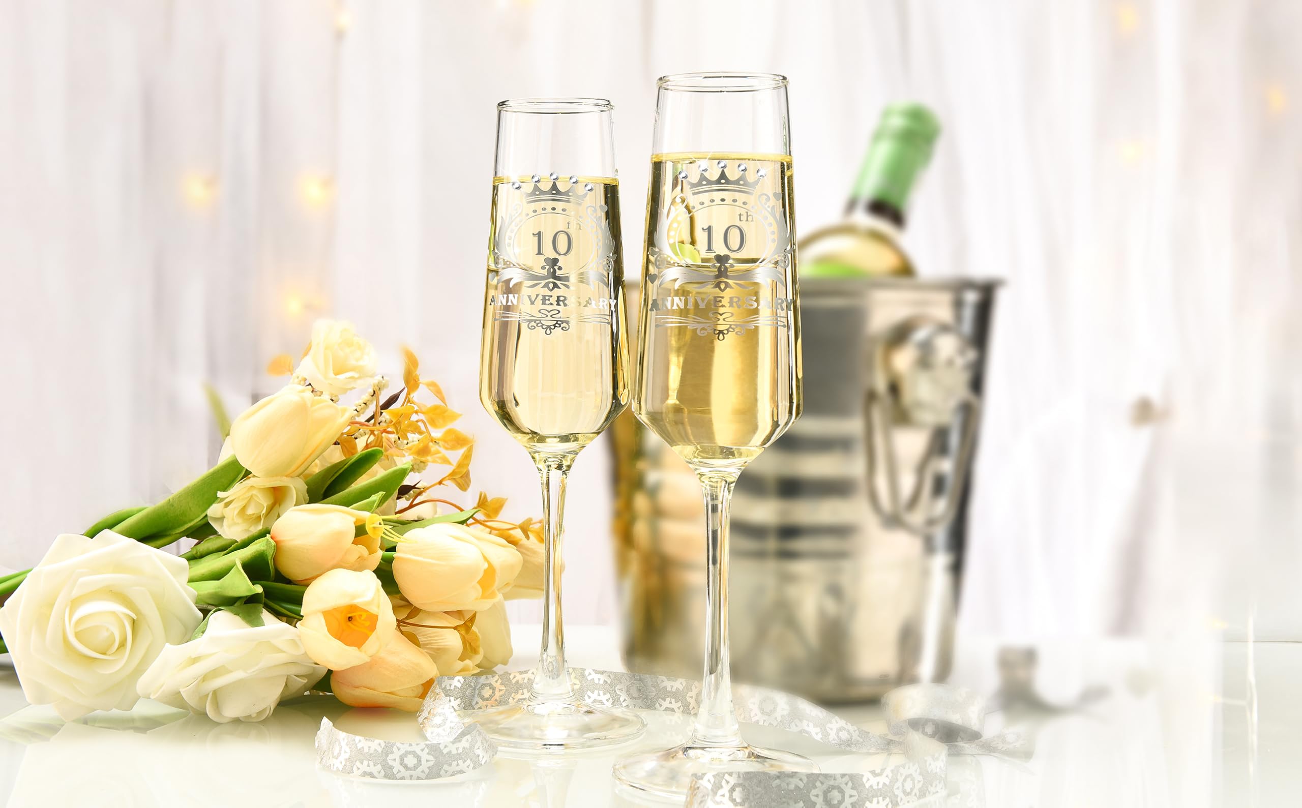 ROXBURGH 10th Wedding Anniversary Champagne Flutes Set of 2 - 7 OZ Crystal Glasses for Couples, Romantic Gifts & Anniversary Decorations - Perfect for Toasting, Wedding Celebrations & Romantic Dinners