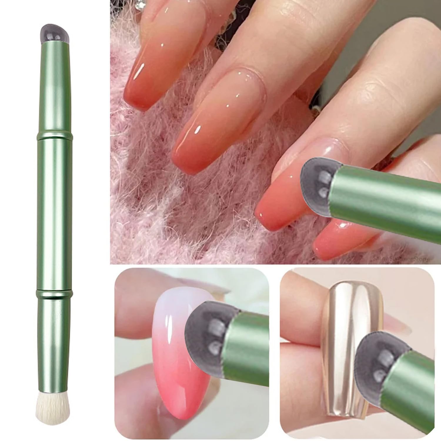 WOKOTO 3-Piece Double Headed Nail Art Brush Set - Chrome Gold, Blue & Green Silicone Ombre Brushes with Dust Brush for Gradient Nail Designs | Professional Acrylic Nail Painting Tools for Salon & Home Manicures