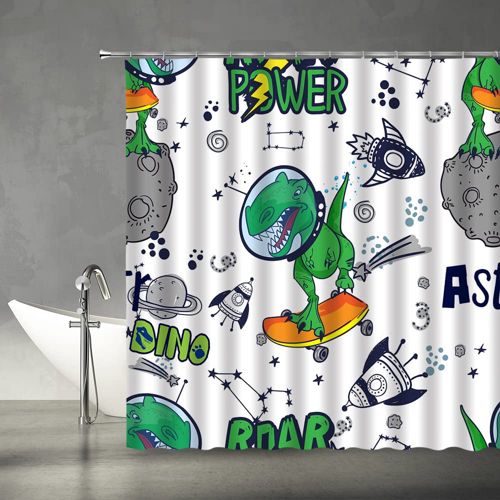 Dinosaur Shower Curtain - Cartoon Funny Animal Astronaut Skateboard in Outer Space with Rocket & Solar System Planets - 70x70 Inch Fabric Bathroom Decor Set with Hooks - Perfect for Kids & Teen Boys Room, Space Theme Bathroom