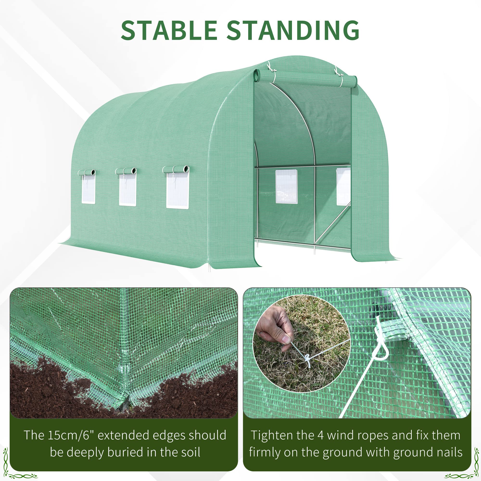 Outsunny 15' x 6' x 7' Walk-in Tunnel Greenhouse with Roll-Up Door & Windows, PE Cover Plant Growing House - Ideal for Backyard Gardening, Patio Plant Protection & Year-Round Vegetable Cultivation