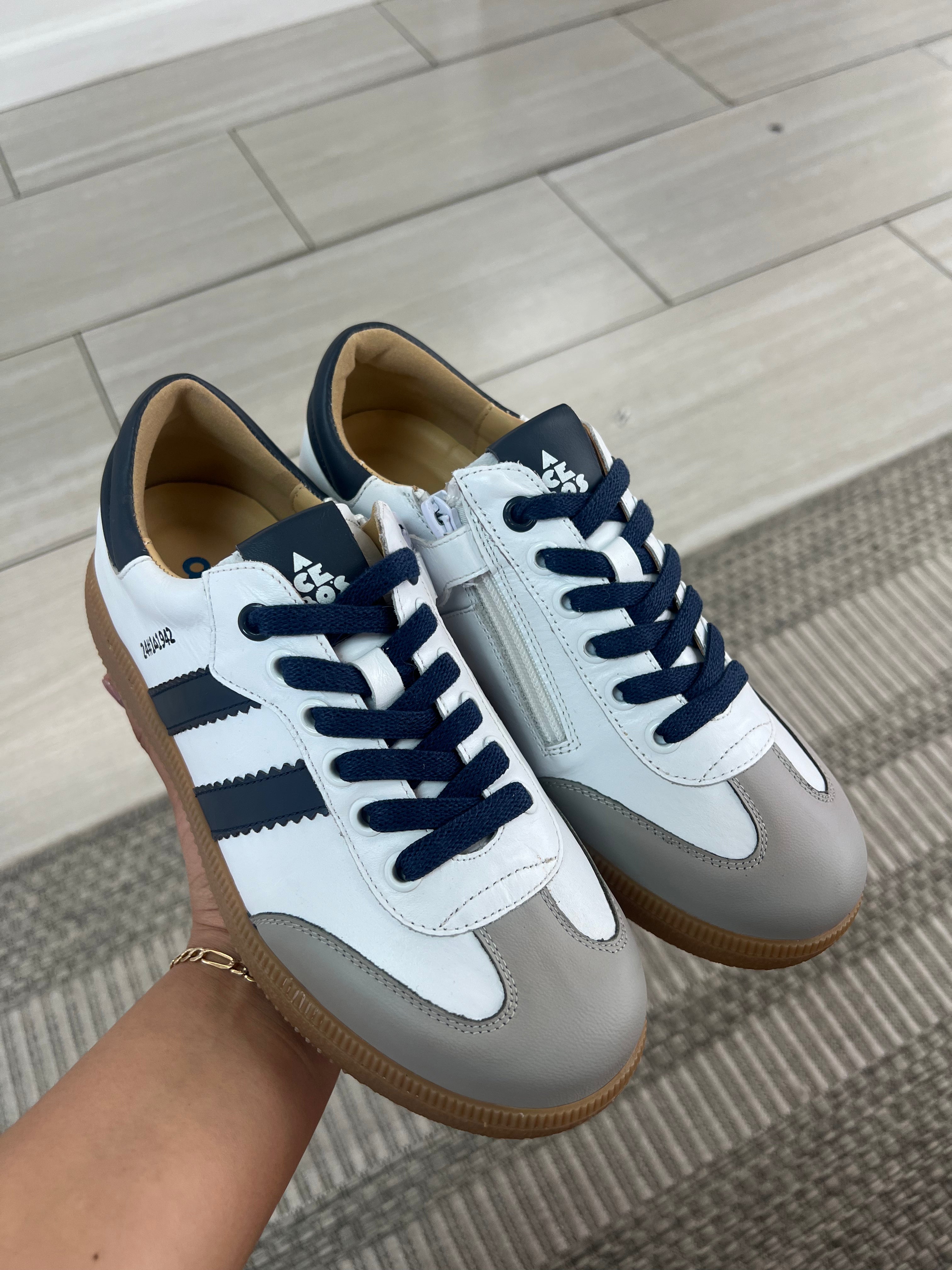 Acebos White and Navy Stripe Sneakers - Comfortable Casual Shoes for Men & Women | Perfect for Walking, Running, and Everyday Wear