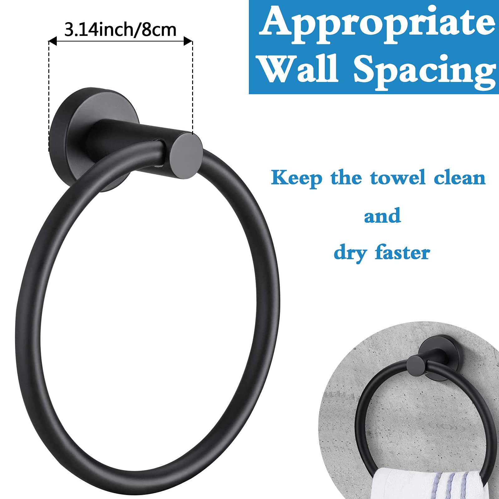 Pynsseu Matte Black Towel Ring - Heavy Duty Stainless Steel Bathroom & Kitchen Towel Holder (1 Pack) - Wall Mounted Storage Solution for Hand Towels, Dish Towels & Washcloths