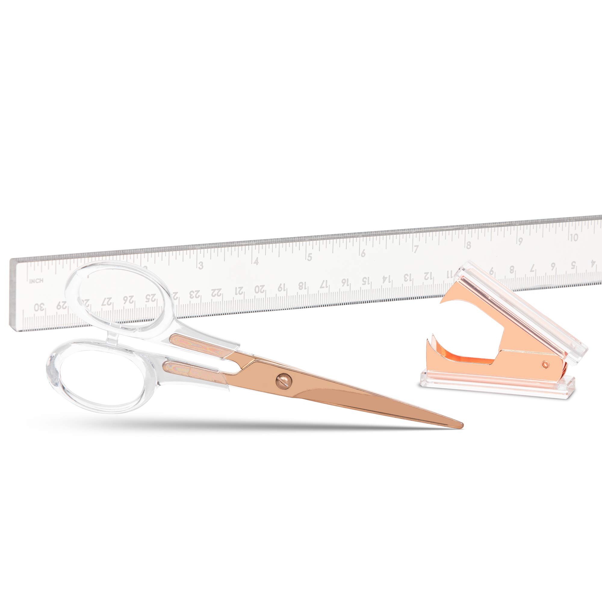 Rose Gold & Clear Acrylic Lucite Scissors, Staple Remover & Ruler Set - Premium Office Desk Accessories for Organizing, Crafting & Gift Giving - Stylish Stationery Supplies for Home Office, School & Workspace
