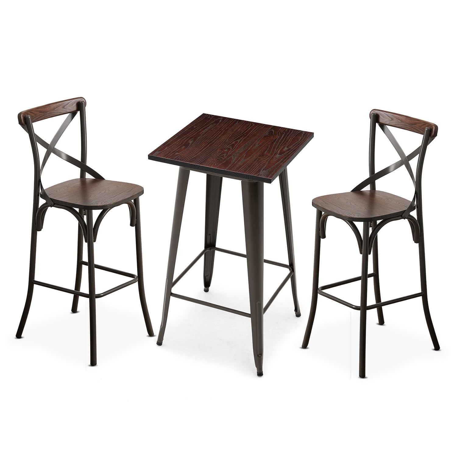Glitzhome 3-Piece Rustic Steel Square Bar Table and High Back Bar Stools Set - Industrial Style Dining Table and Chairs for Kitchen, Pub, and Restaurant Use