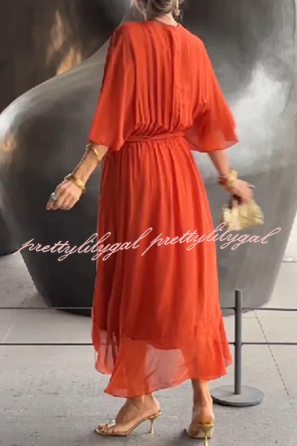 Elegant Solid Color V-Neck Batwing Sleeve Lace-Up Asymmetrical Hem Midi Dress for Women | Party, Cocktail, Wedding & Evening Occasions