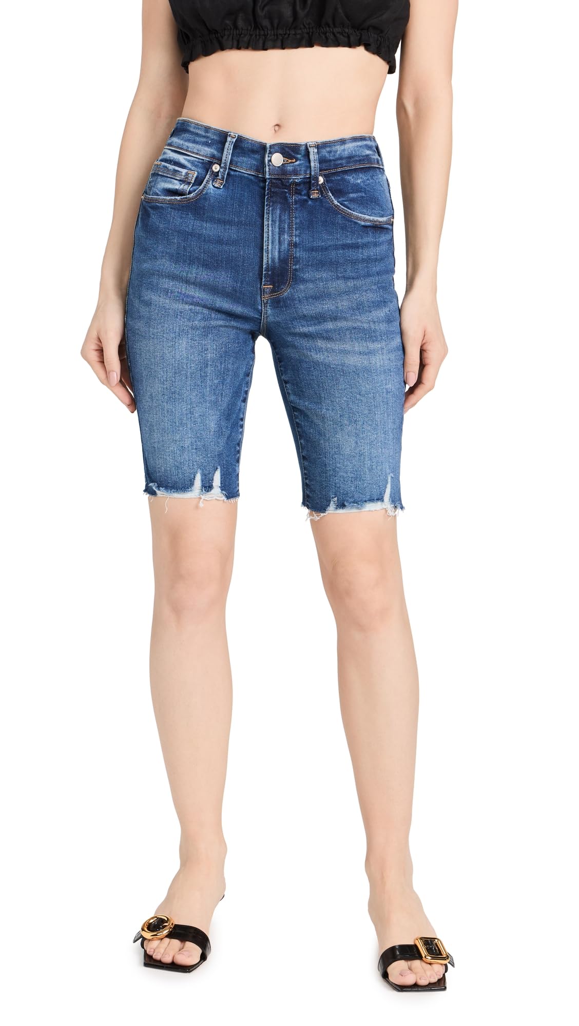 Good American Women's Always Fits Good Legs Bermuda Raw Hem Denim Shorts - Comfortable Stretch Fit for Casual Wear, Summer Outfits & Beach Vacations