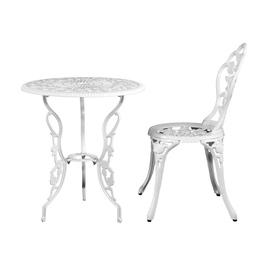 3-Piece Outdoor Bistro Set with Chairs and Table - Durable Cast Aluminum Patio Furniture in Rose White - Perfect for Garden, Balcony, and Backyard Relaxation