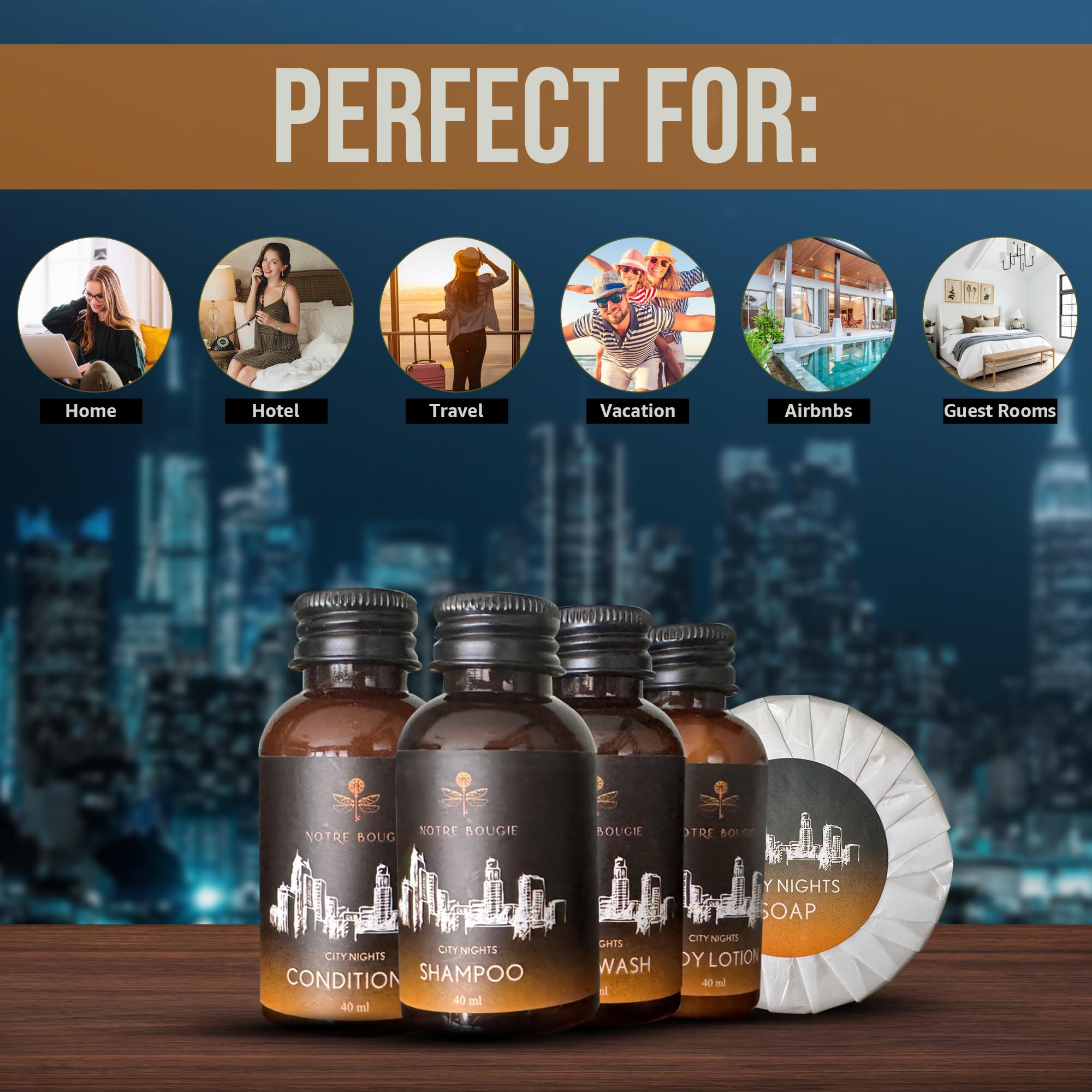 City Nights Travel Size Toiletries Bulk Set - 100 Pieces (20 Sets) | 1.35 oz Shampoo, Conditioner, Body Wash, Lotion & 1 oz Bar Soap | Luxury Hotel Amenities & Guest Essentials | Perfect for Hotels, Spas, Travel Kits & Gift Baskets