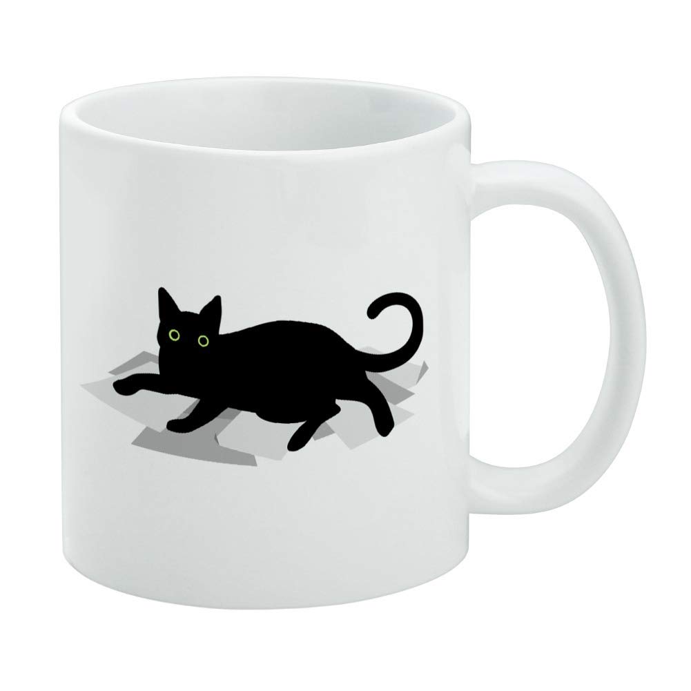 Black Cat Lying on Papers Ceramic Coffee Mug - 11oz White Novelty Gift Mug for Coffee, Tea & Hot Drinks - Perfect for Office Use, Home Decor & Cat Lovers