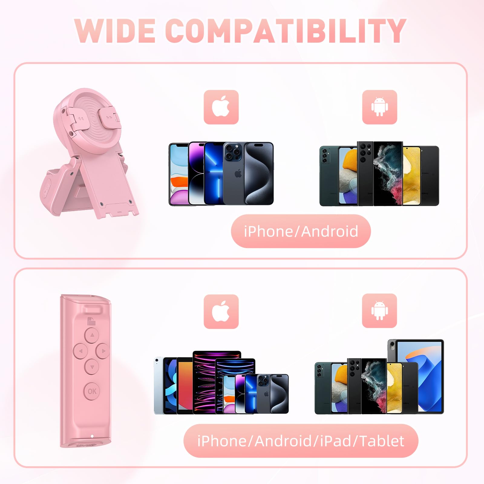 Bluetooth Page Turner Remote for Kindle, TikTok Scrolling, Camera Shutter - Compatible with iPhone, Android, iPad & Tablets - Includes Phone Stand (Pink) - Perfect for Reading eBooks, Live Streaming & Hands-Free Content Creation
