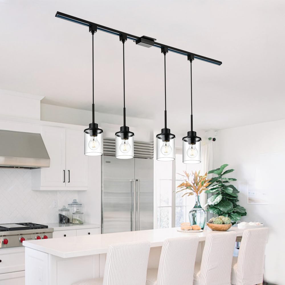 4-Lights H-Type Track Lighting Fixture - Dimmable Black Kitchen Pendant Light with Clear Glass Shades (45.8