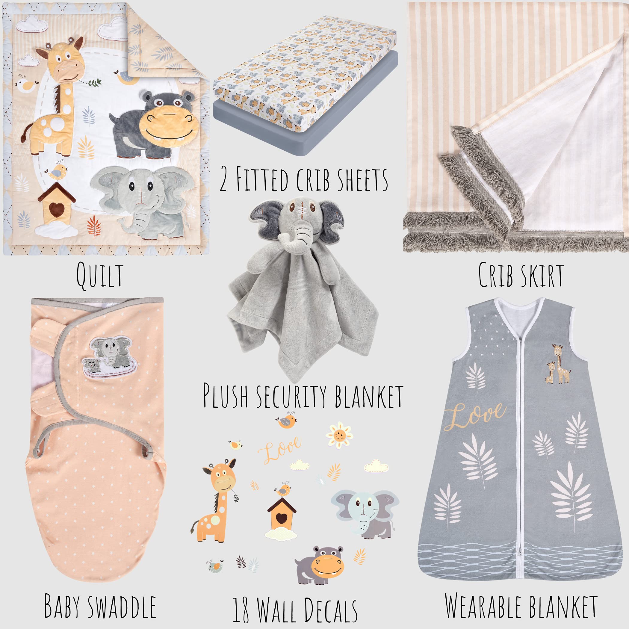 8-Piece Jungle Animal Safari Crib Bedding Set for Boys & Girls - Gray/Tan/White Nursery Bedding | Perfect for Baby Showers & Nursery Decor