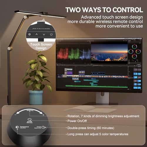 LED Desk Lamp with Clamp - 24W Eye-Caring Table Lamp with Remote Control, 7 Dimming & 5 Color Modes, Timer & USB Charging Port - Adjustable Touch Light for Home Office, Study, Reading and Work