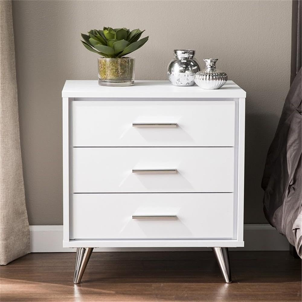 Allora Mid-Century Modern 3-Drawer Nightstand - White & Chrome Finish Bedside Table for Bedroom, Living Room, or Office