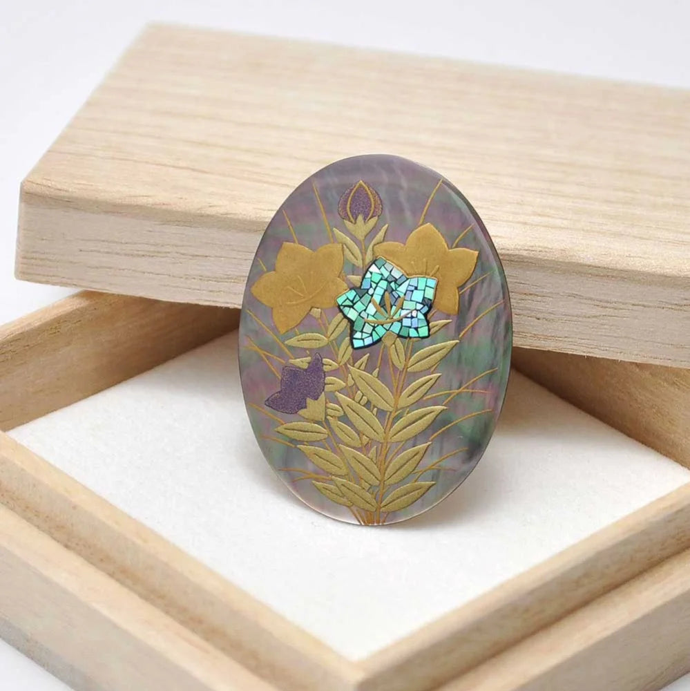 Handmade Maki-e Urushi Lacquer Brooch - Black Lip Pearl & Bellflower Design | Traditional Japanese Lacquer Jewelry for Women | Perfect for Kimono, Formal Wear & Special Occasions