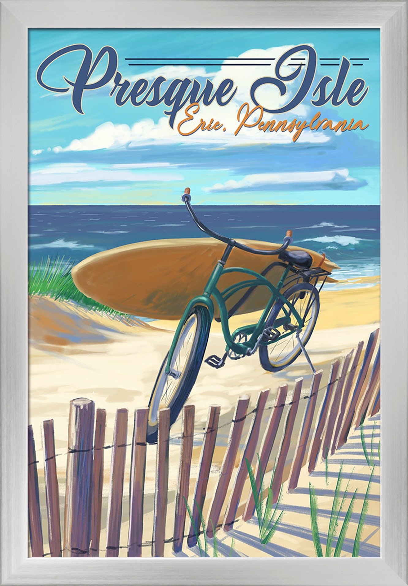 16x24 Giclee Fine Art Print of Presque Isle Pennsylvania Beach Cruiser - Recycled Wood Frame in Silver - Perfect for Coastal Home Decor & Beach House Wall Art