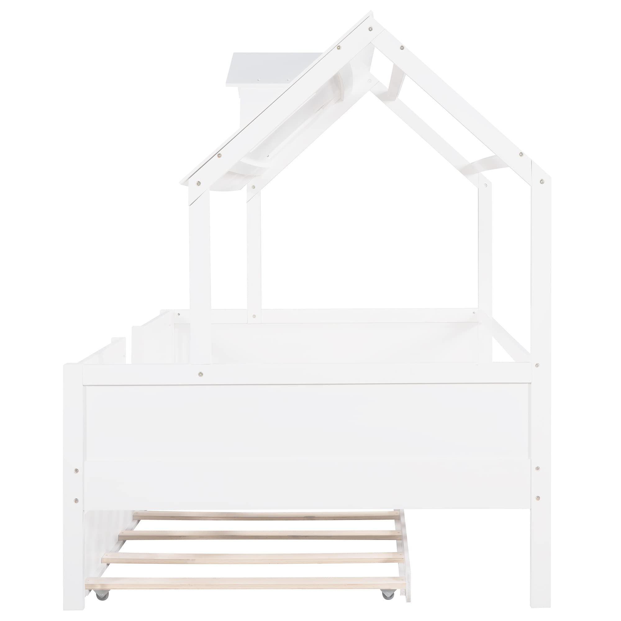 MERITLINE Full House Bed with Trundle - White Wooden Platform Bed Frame with Roof for Kids, Teens, Boys & Girls - Perfect for Small Bedrooms, Playrooms & Sleepovers
